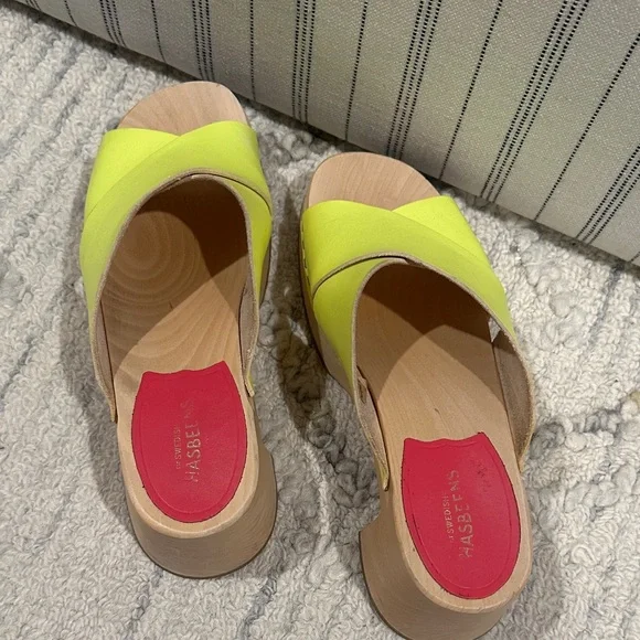 Swedish Hasbeens Neon Yellow Clog Mules - Cross Strap Wood Heel EU 37 - Picture 4 of 6